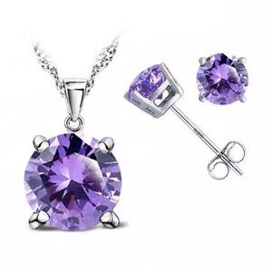 Swarovski Elements Amethyst Purple 925 Sterling Silver Solitaire Necklace SET